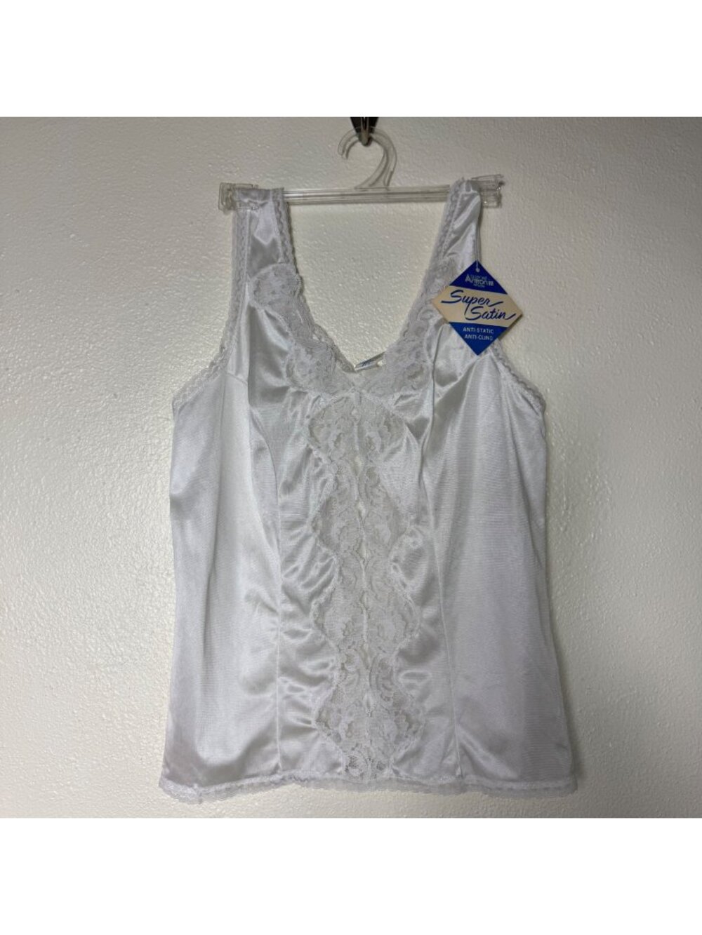 VTG 70's Richform White Lace Trim Satin Camisole Anti-Static Sz Small
